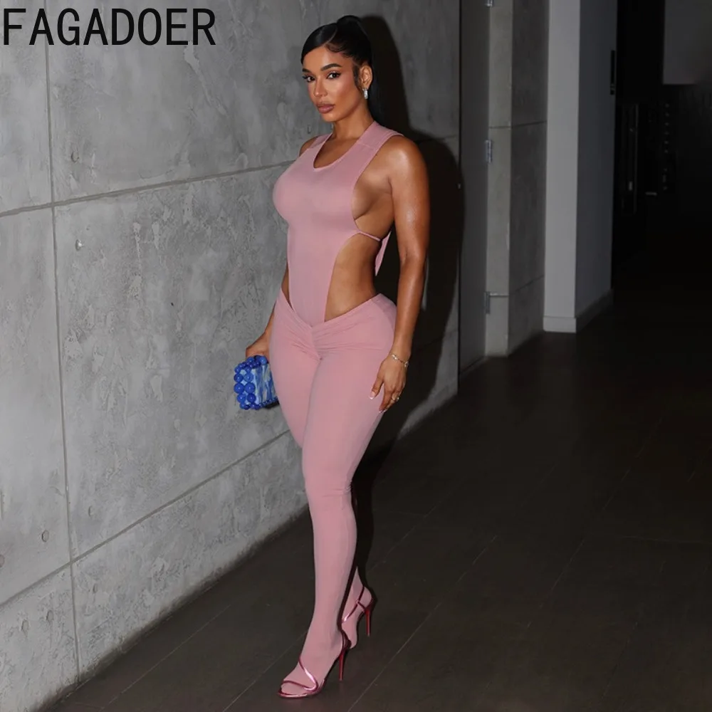 FAGADOER Y2k Fashion 2 Piece Sets Woman Outfit Halter Sleeveless Backless Bodysuits and Pants Suits Female Streetwear Clothing