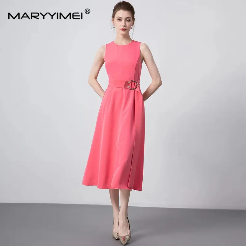 

MARYYIMEI Fashion Designer Women's New Sleeveless Tank Lace-Up Button Elegant Vintage Office Lady A-Line Summer MIDI Dresses