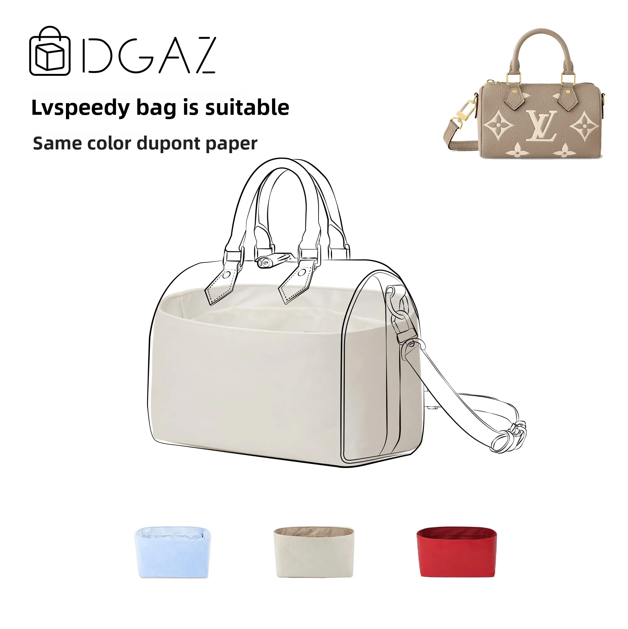 

Универсальная внутренняя сумка DGAZ Global Brand Compatible LV Boston Speedy из бумаги DuPont, прямоугольная, на молнии, в тон, с застежкой-молнией.