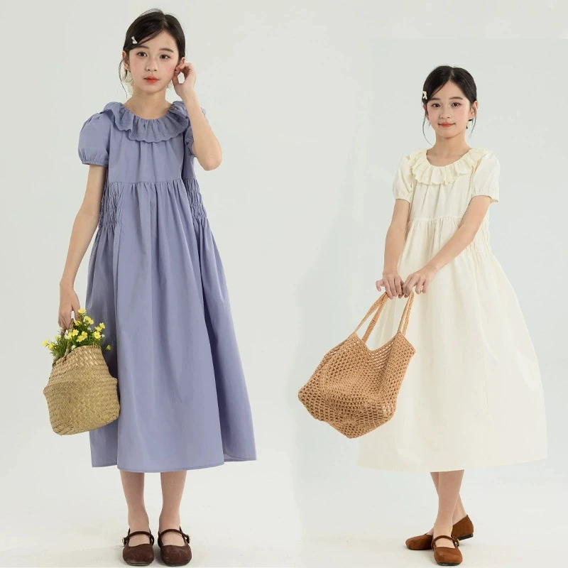 2026 Summer New Girls Dress Girls Lotus Leaf Collar Rural Style Retro Dress Princess Dress