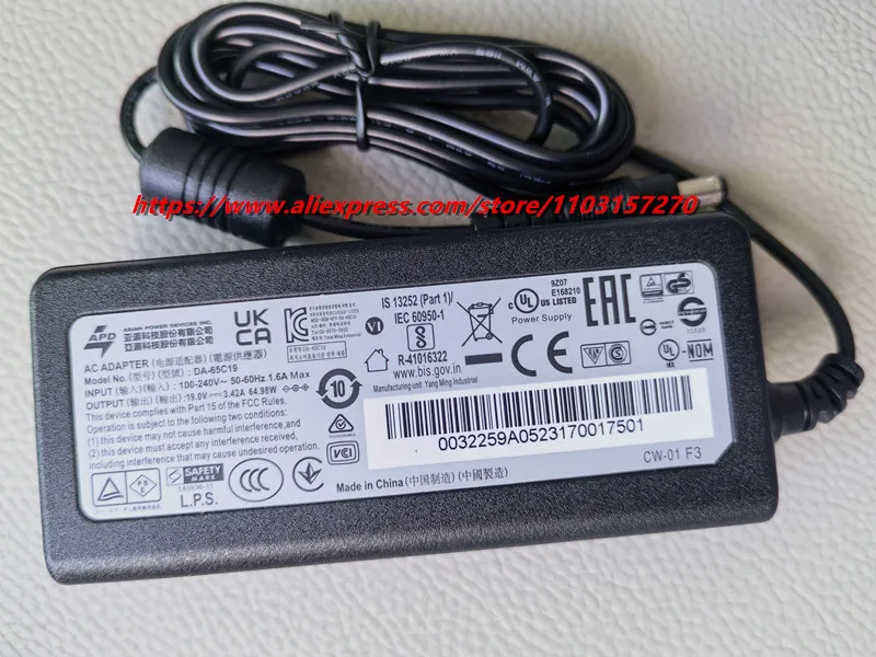 Genuine APD Asian Power Devices DA-65C19 Power Supply AC Adapter 19V 3.42A 5.5*2.5mm 65W for MSI M27Q Gigabyte Monitor Charger