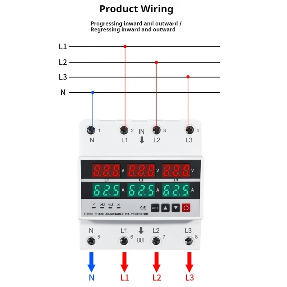 

63A/100A 3 Phase Adjustable Over and Under Voltage Protector Overcurrent Protection Din Rail Voltmeter Ammeter Relays Protector