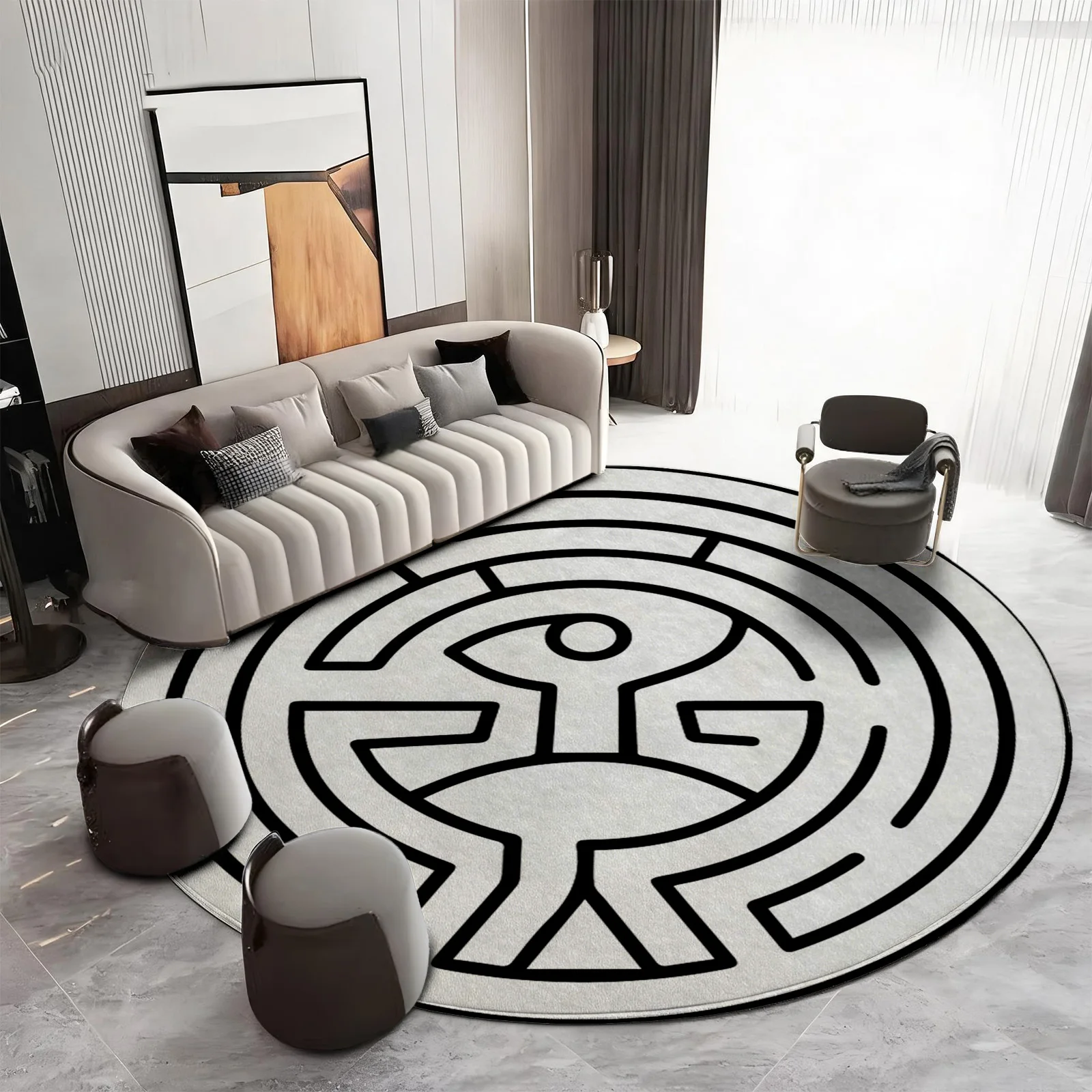 Large Round Geometric Maze Area Rug Bohemian Black White Modern Abstract Labyrinth Floor Mat Statement Carpet for Living Room De