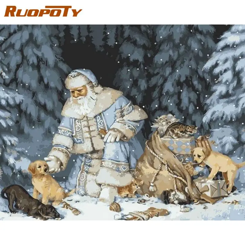 

RUOPOTY Oil Painting By Numbers DIY Set Painting Numbers Winter Landscape Artwork For Adults Gift Home Decors Old Man And Dog