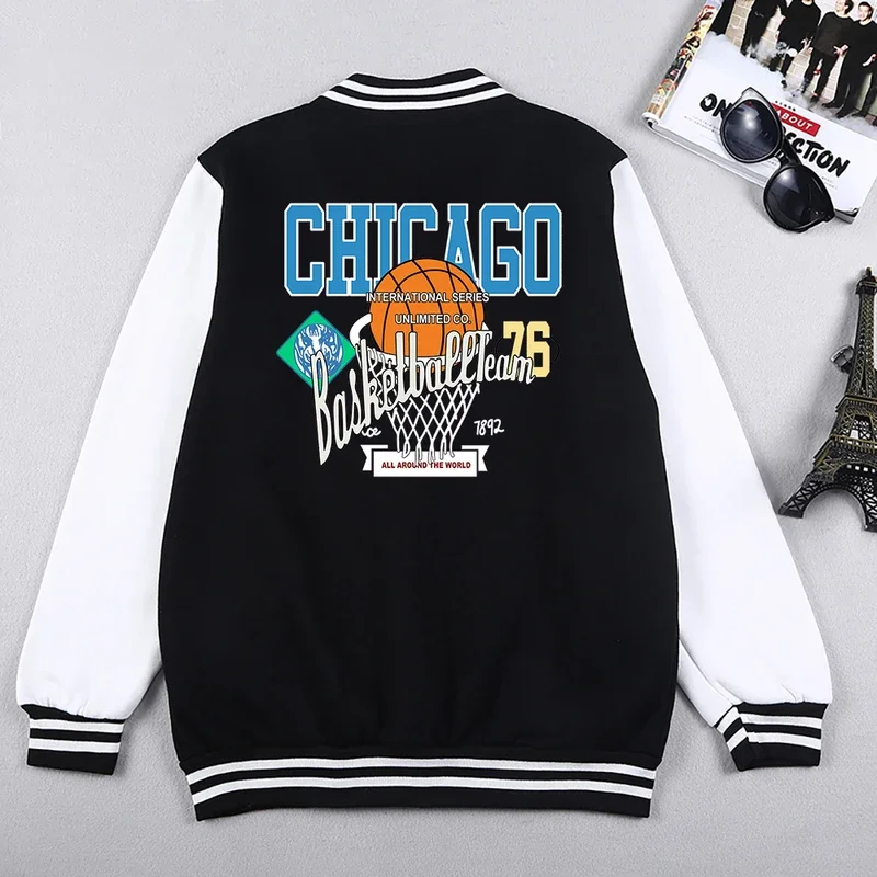 Chicago Basketball Team Prints Men Jacket American Retro Simple Sweatshirt Casual Fashion Top Autumn Fleece Man Baseball Uniform