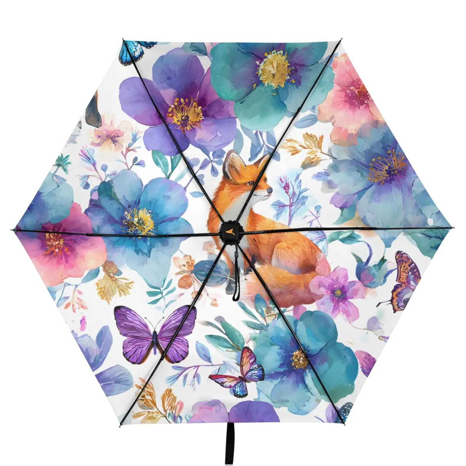 Three Folding Umbrella Parasol Women Anti-UV Sun Protection Umbrella Outside Black Coating 6 Ribs floral print