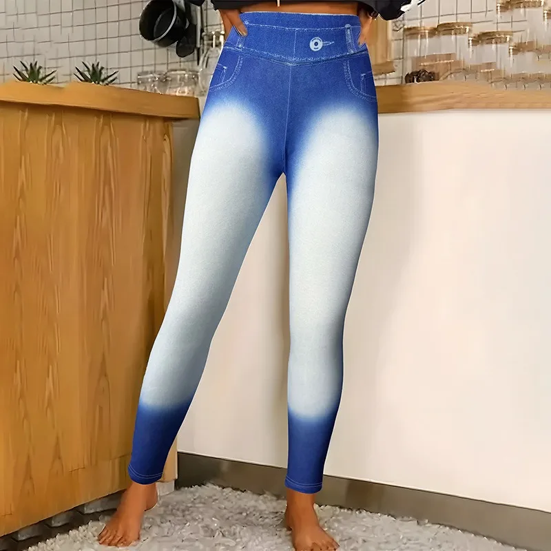 Kobiety uwielbiają fałszywe legginsy z kieszeniami i nadrukiem wysokiej talii rozciągliwe legginsy dżinsowe modne codzienne spodnie ołówkowe joga Fitness wąskie legginsy