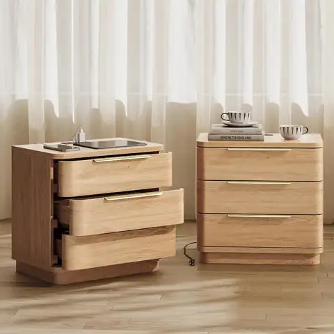 Wood Nightstand Set of 2 with Drawers, Natural Wood Nightstand with Charging Station, Bedside Tables with Drawers, Customized