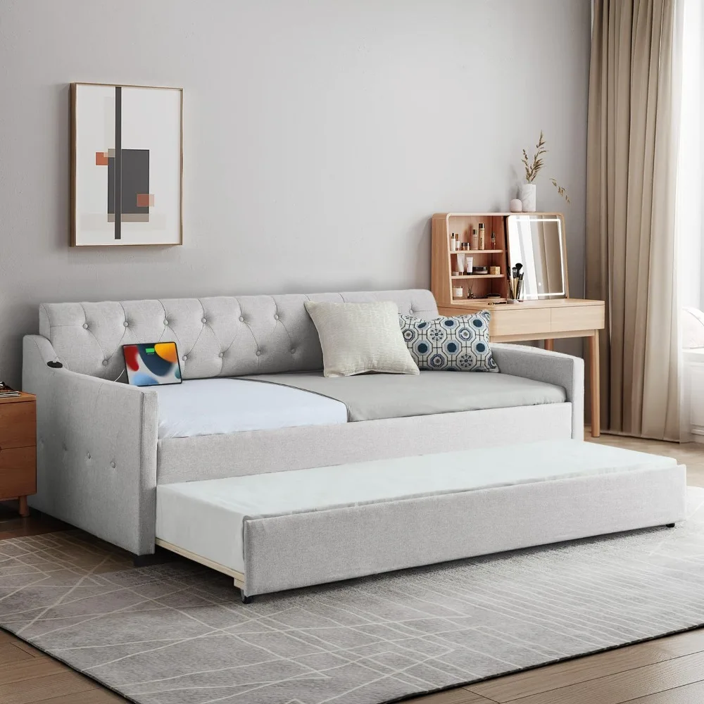 Daybed with Pop Up Trundle, Modern Button Tufted Linen Upholstered Sofa Bed Frame, Twin to King Size Day Bed w/USB &