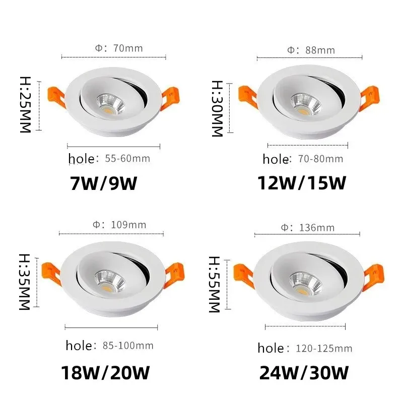 Lámpara empotrable de techo con luz empotrable LED, 7W, 12W, 18W, 24W, foco blanco y negro regulable 360 °   Iluminación interior ajustable