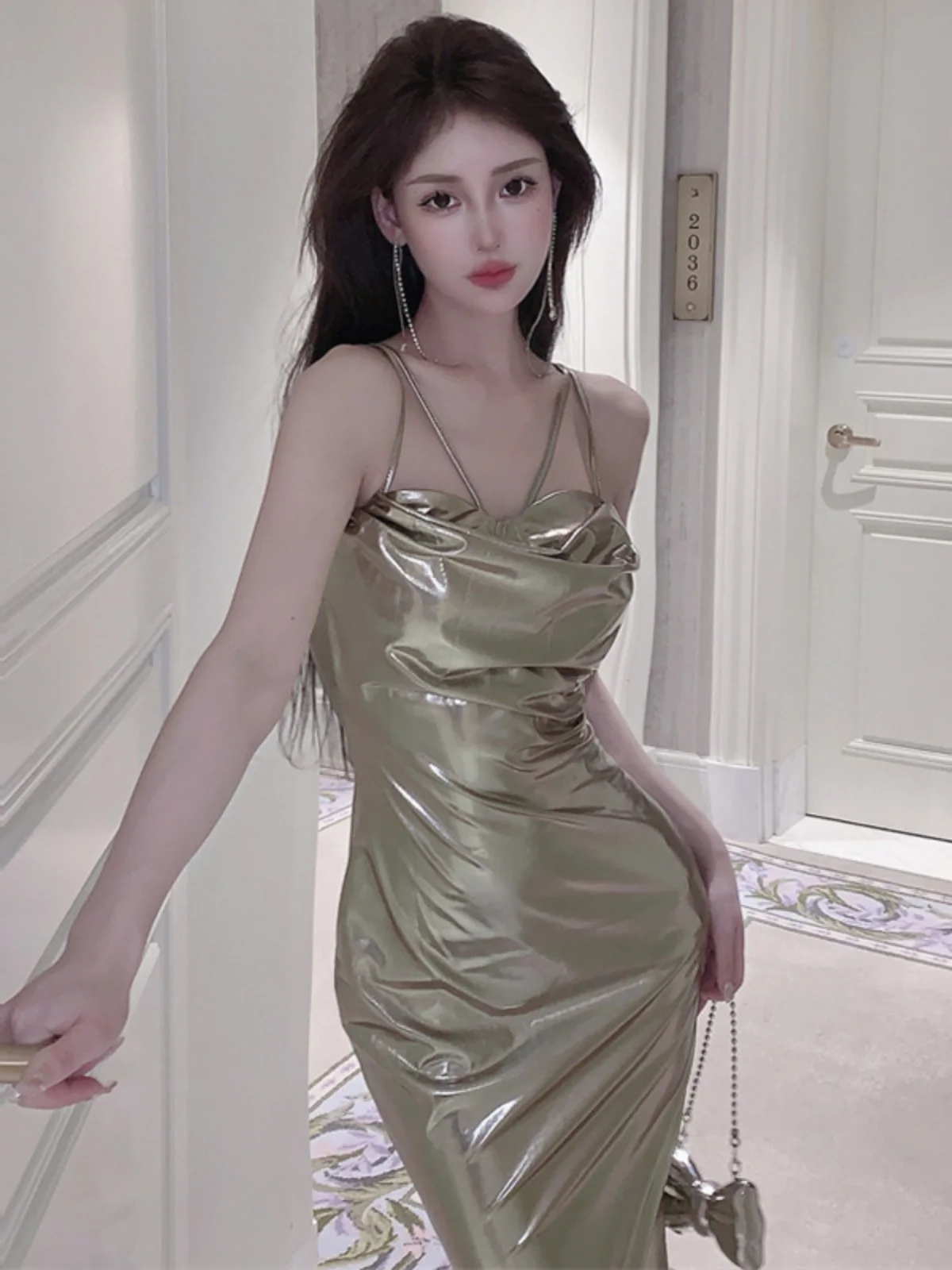 Ofallsis Internet Celebrity Sexy Metallic Swing Collar Pleated Waist Strap Dress 2024 Summer Vintage Medium Long Dresses Female