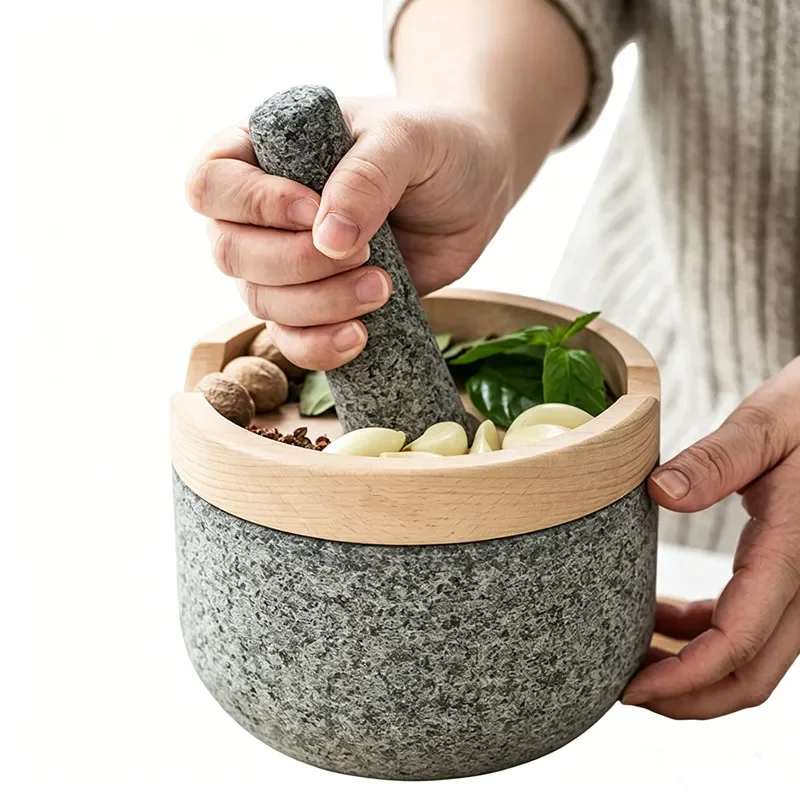 Pestle and Mortar Set Premium Solid Granite Stone Grinder Non Slip Base 16cm For Make Crushing and Mashing Herb Spices Guacamole
