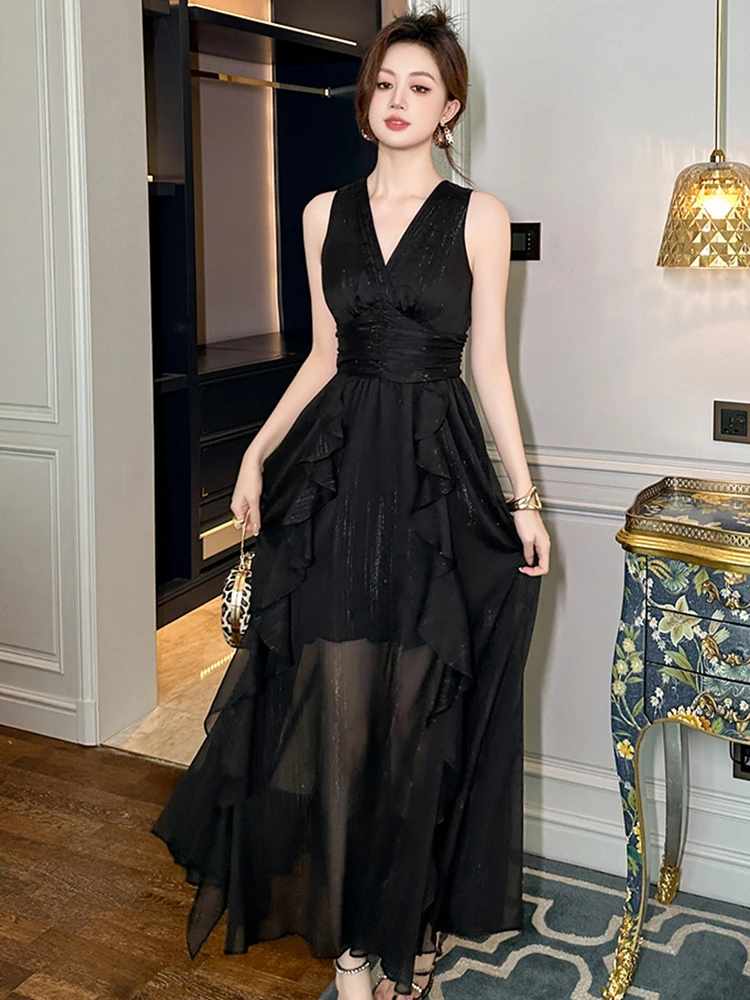 Abbigliamento da donna Vacanza Boho Vestito da festa Femminile Dolce Sheer Birght Seta Increspature Corsetto Pieghettato Abito lungo Vacanza Club Abiti