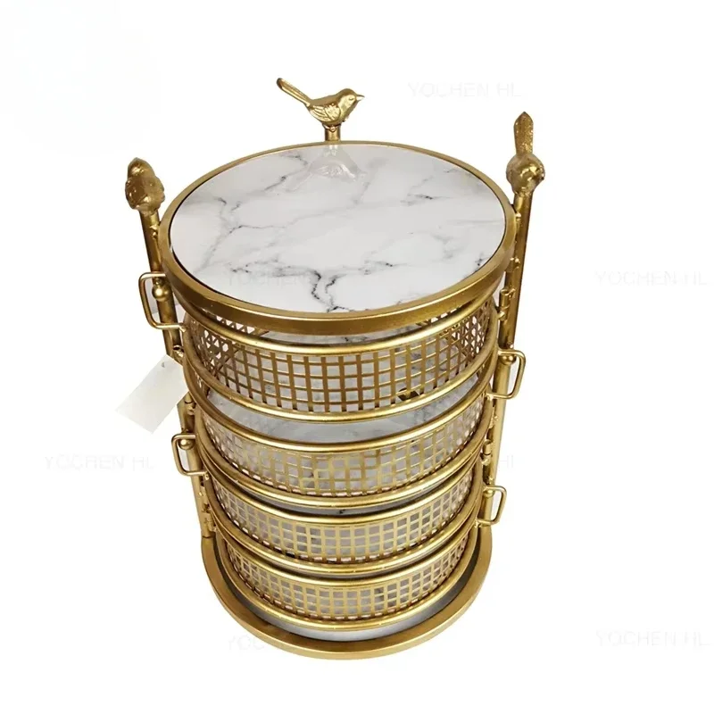 Luxury 3-Tier Chinese Contractile Gold Marble Dessert Stand Modern Iron Serving Tray Decorative Made Steel Aluminum Brass Food