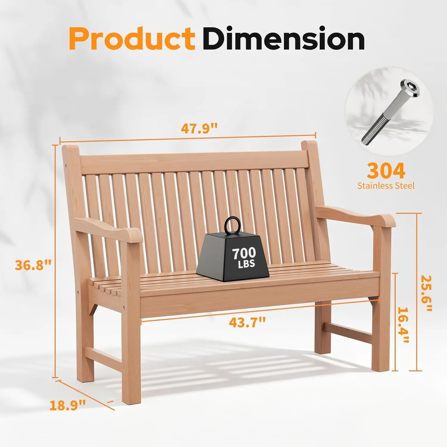 2-Person Outdoor Bench 700 Lbs, Teak & Poly Lumber Weatherproof Garden Seating for Porch Balcony Park, Customized
