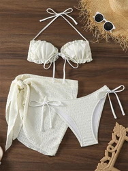 Conjunto de biquíni feminino com nervuras sólidas, roupa de banho sexy com renda, maiô de verão, maiô feminino, 3 peças, novo, 2022