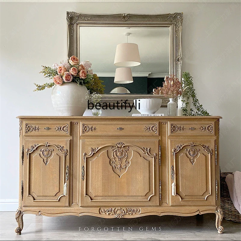 American Country Solid Wood Sideboard Nordic French Retro Distressed Oak Wood Carved Three Doors Sideboard furniture