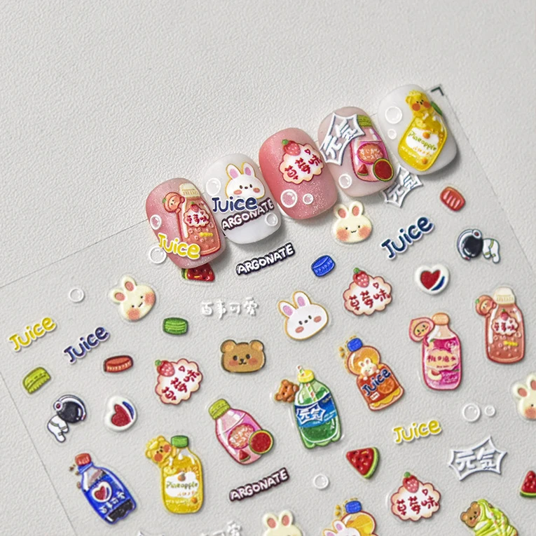 5D Realistic Relief Colorful Cute Cartoon Rabbit Juice soda Water Adhesive Nail Art Stickers Decals Manicure Ornaments Suppliers