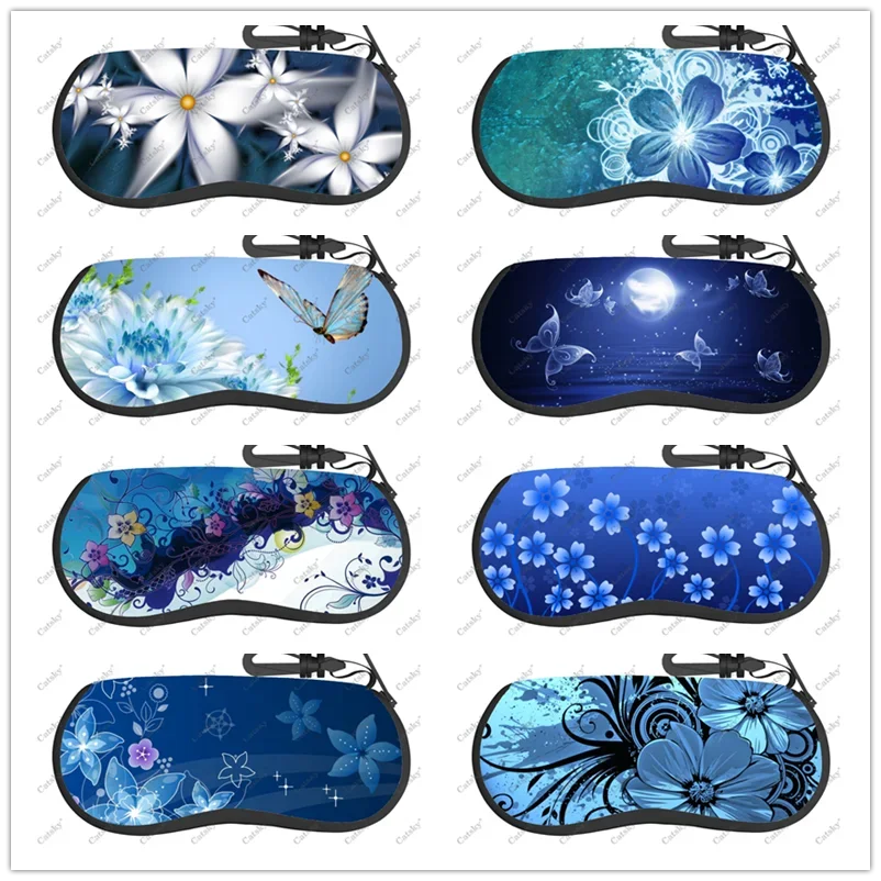 Abstract art blue flowers Glasses case zipper sunglasses bag travel printed soft shell storage for men women Glasses case