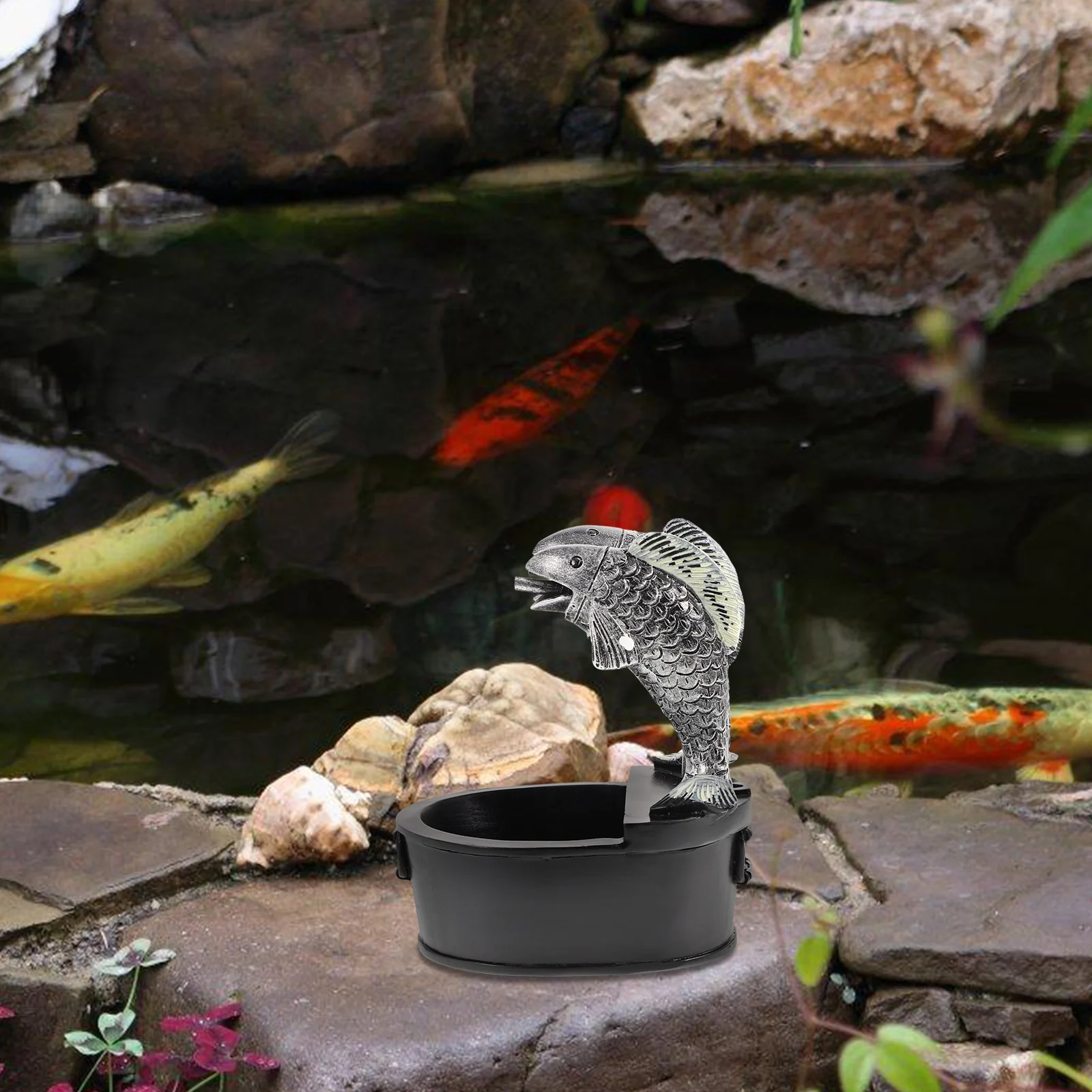 

Pisces Running Water Ornaments Black Jar for Indoor Outdoor Decorative Courtyard Fountain Resin Garden Pool Landscape Art