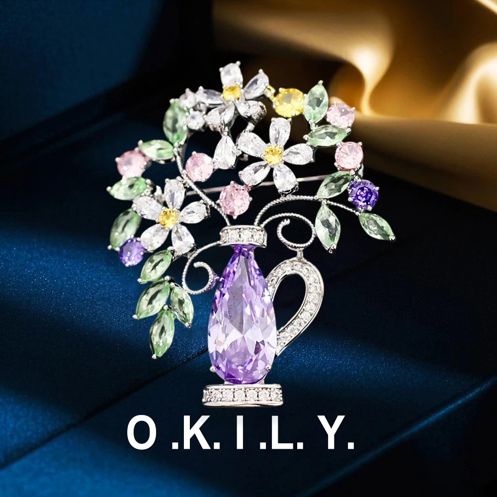 OKILY Luxury Colored Amethyst Vase Flower Brooch Retro Zircon Bouquet Pins Dress Suit Banquet Corsage Accessories for Women