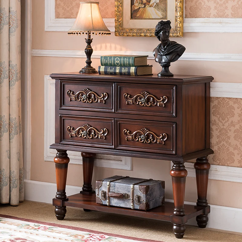 Solid Wood Rustic Drawer Entryway Sideboard  End View Table