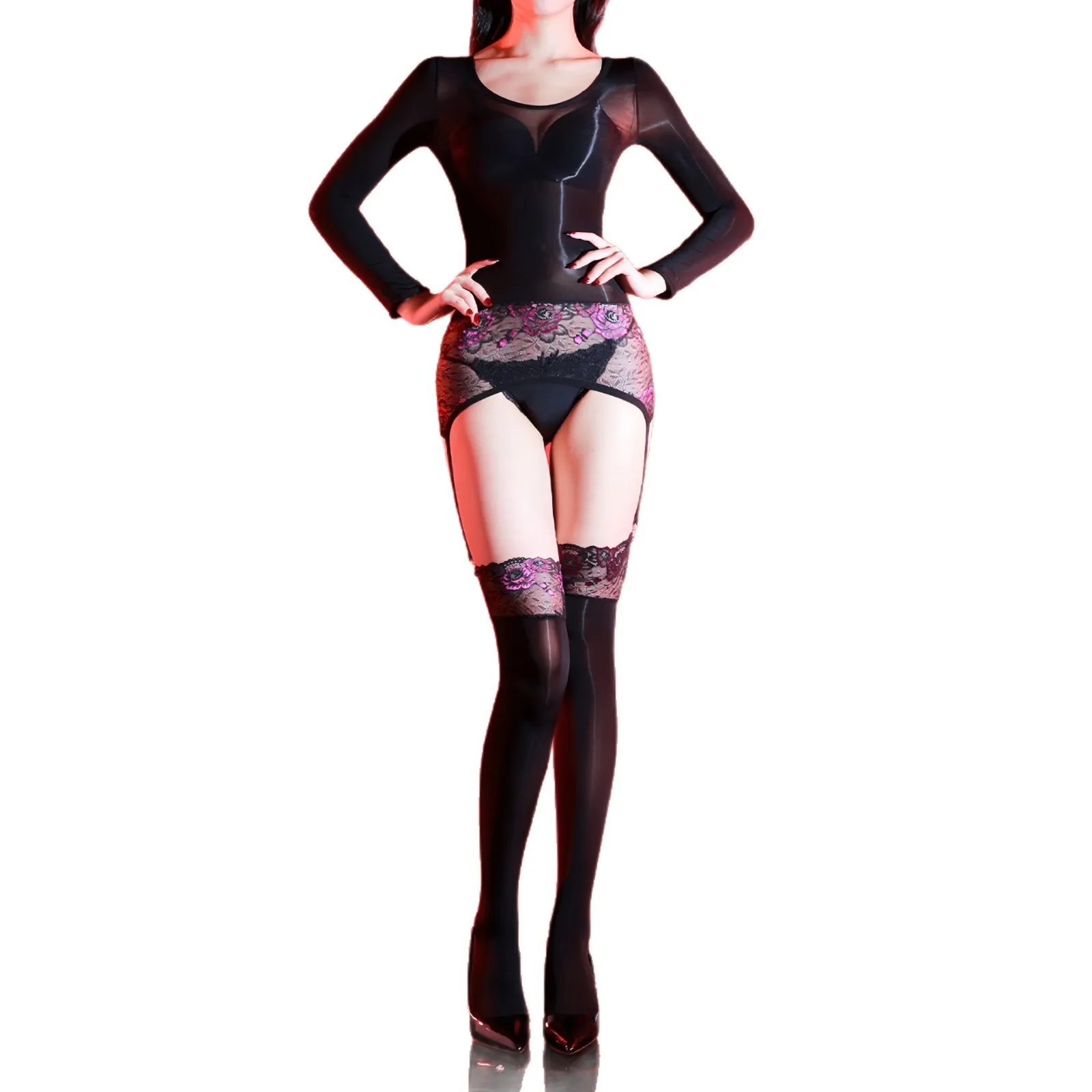 2pcs 5D Oil Shiny Glossy Lace splice Transparent Long Sleeve Tops Women Buttery Soft Smooth Pantyhose Tight Thigh-High Stockings