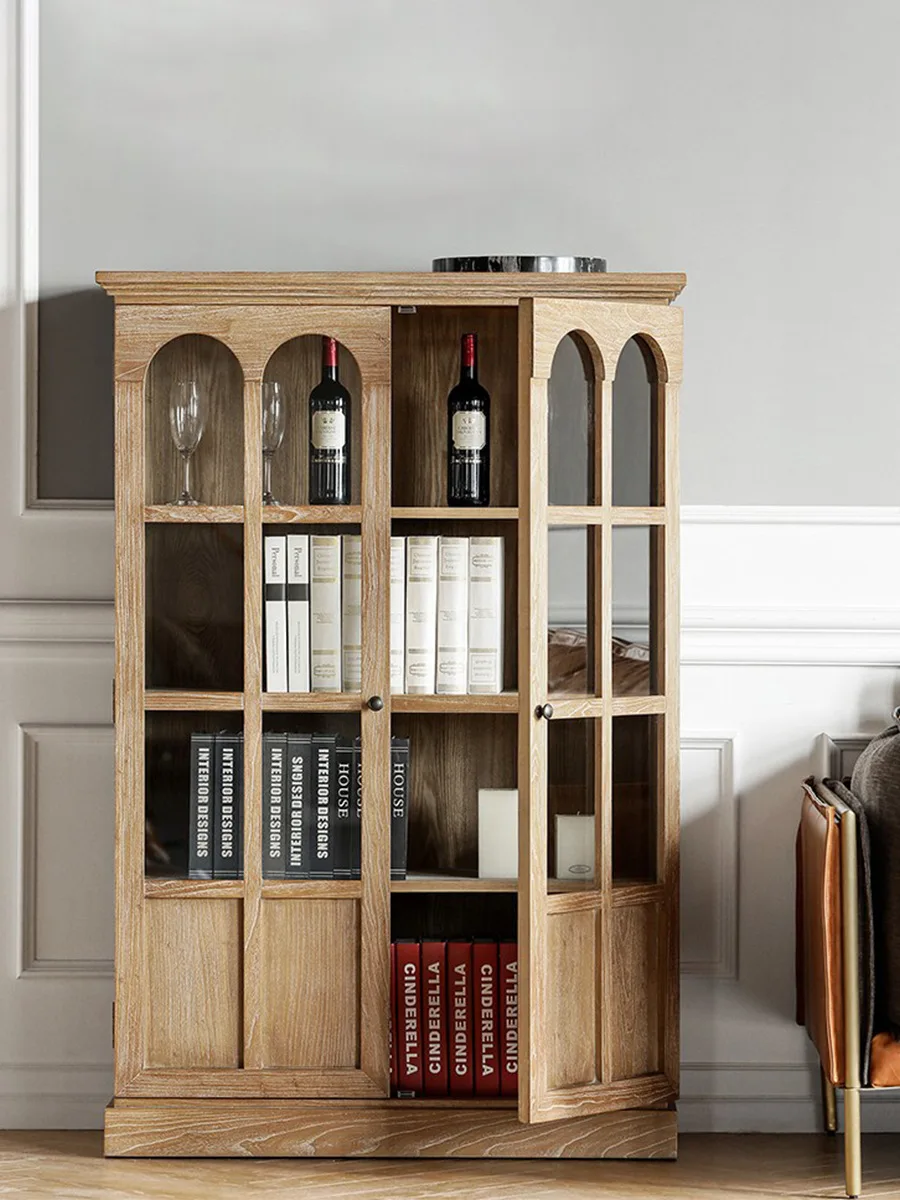 

Floor-to-ceiling solid wood bookshelf with glass door, study, study cabinet integrated against the wall, living room locker