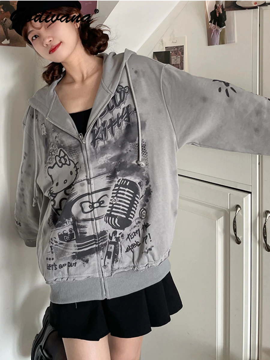 

Sanrio Hellokitty Oversized Loose Pattern Print Gray Zip-up Sweatshirts Autumn Fashion Retro Loose Long Sleeve Hoodie Coat Women