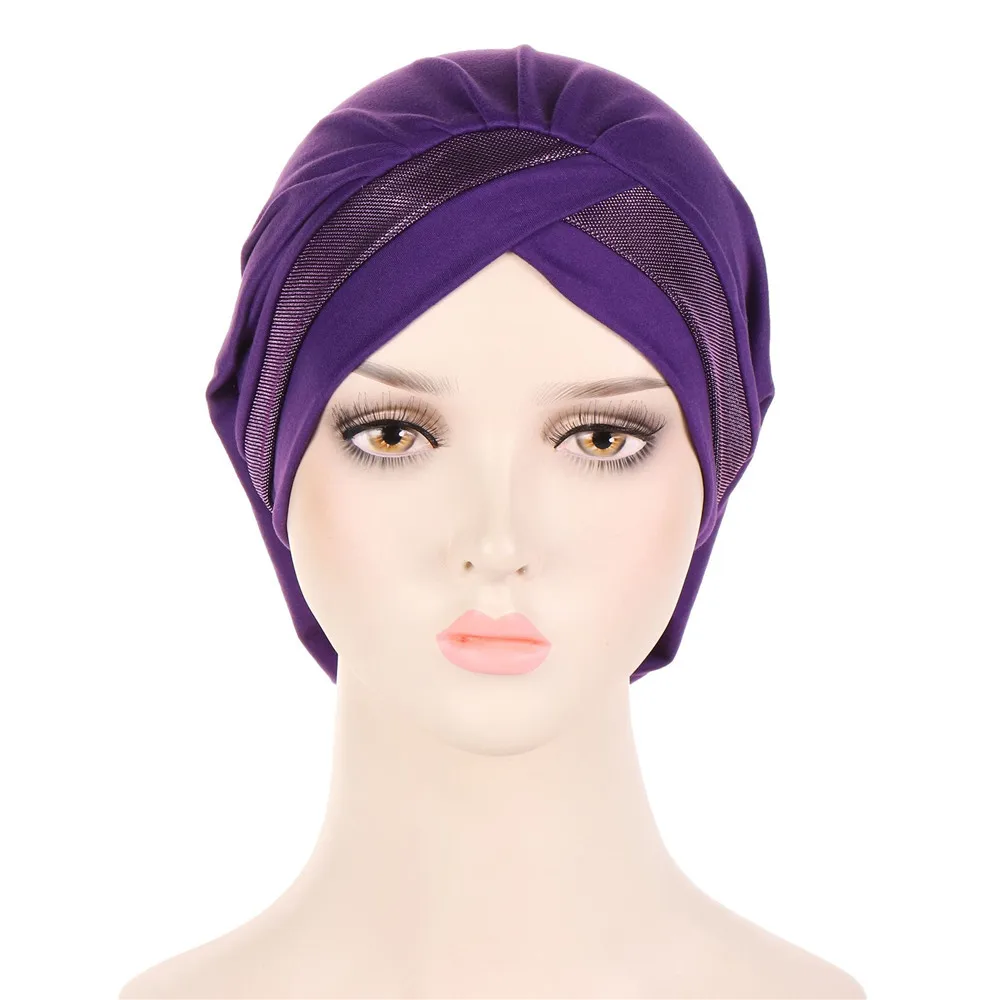 Turbante musulmán con purpurina para mujer, gorro cruzado plisado para la pérdida de cabello, gorro de quimio, Hijab interno, gorro, envoltura para la cabeza