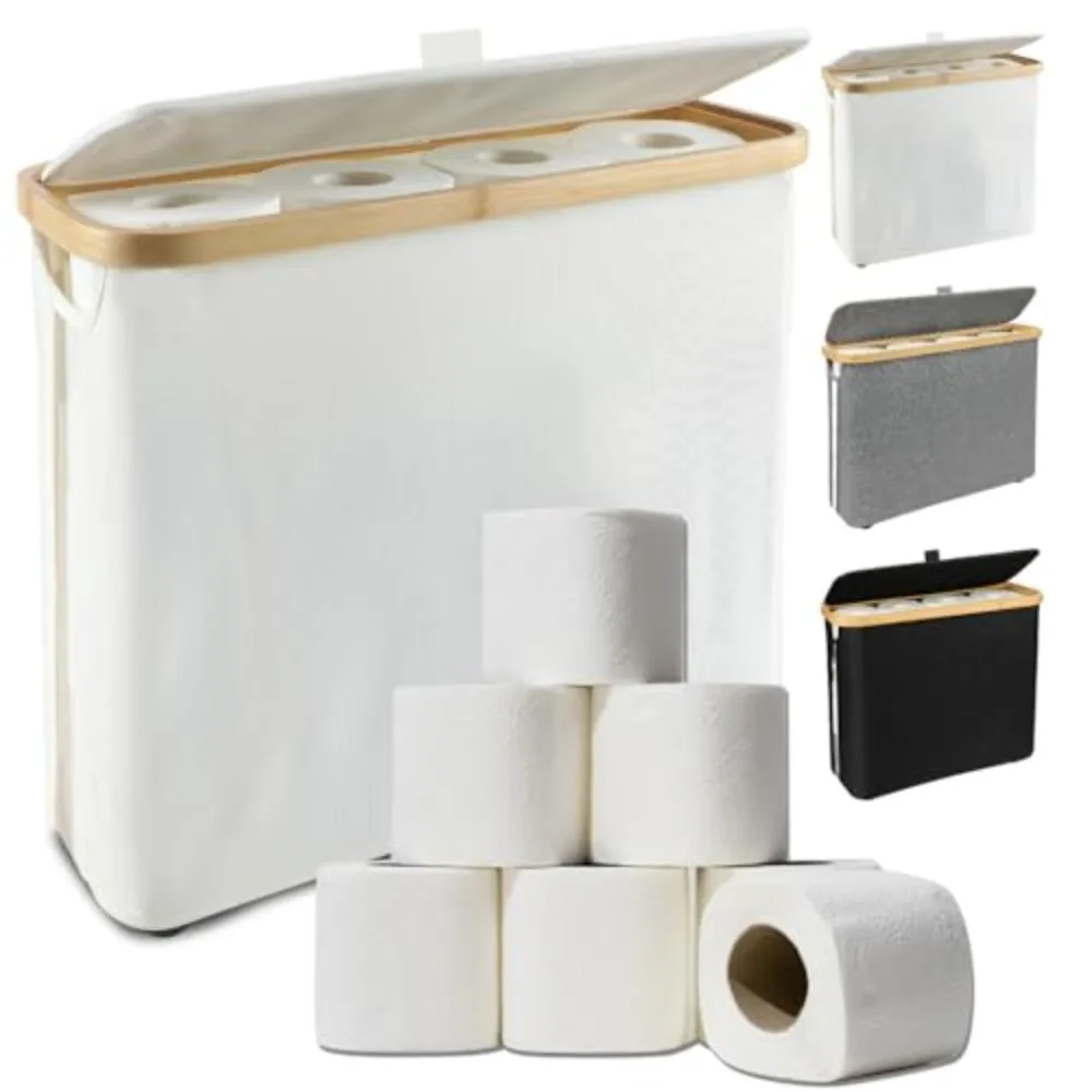 Bamboo Toilet Paper Basket Foldable Multifunctional Toilet Paper Storage Cabinet With Lid Large Capacity