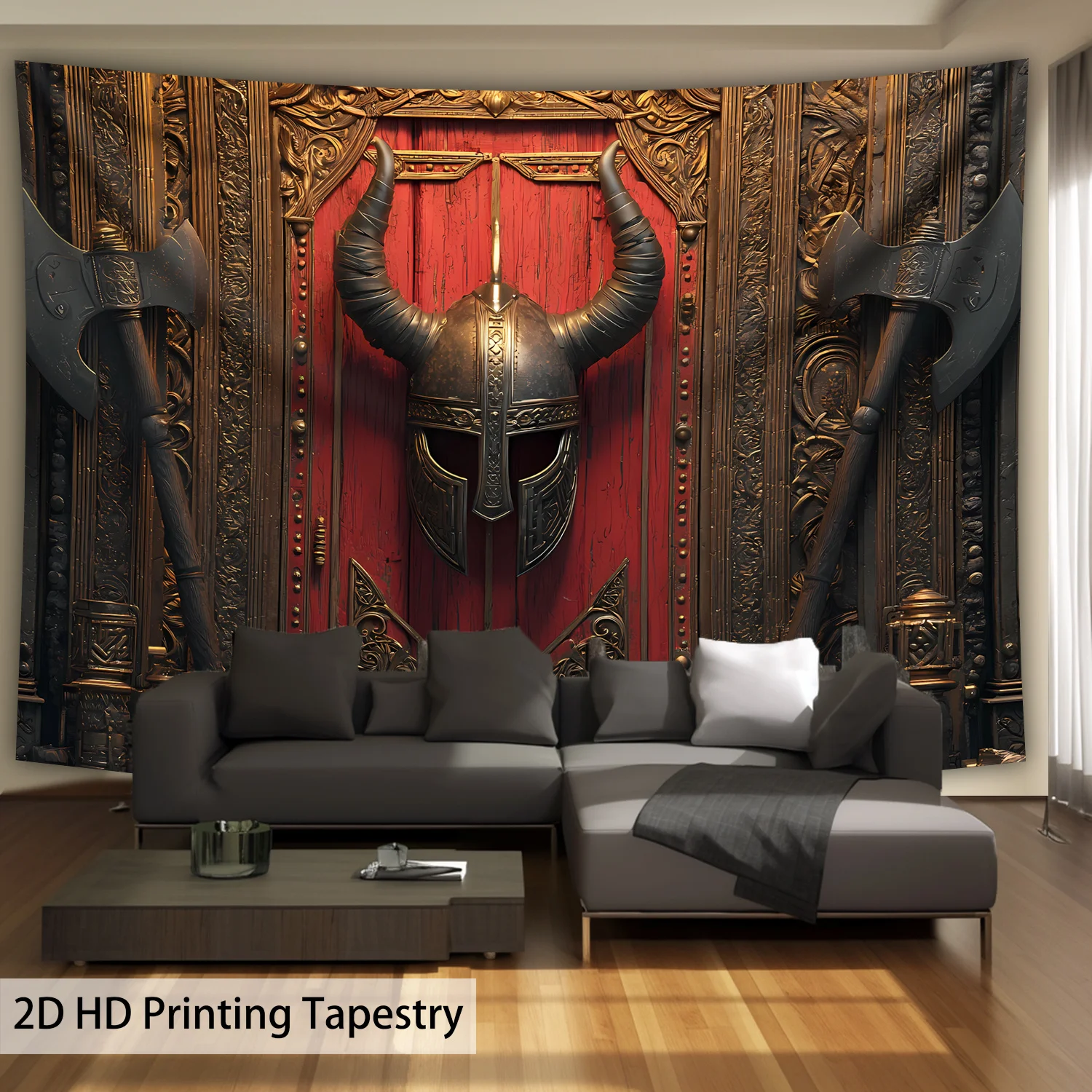 1pc Extra Large Viking Tapestry - Norse Warrior Decor with Battle Axe & Helmet in Red & Golden - HD Digital Print Wall Hanging - view 5