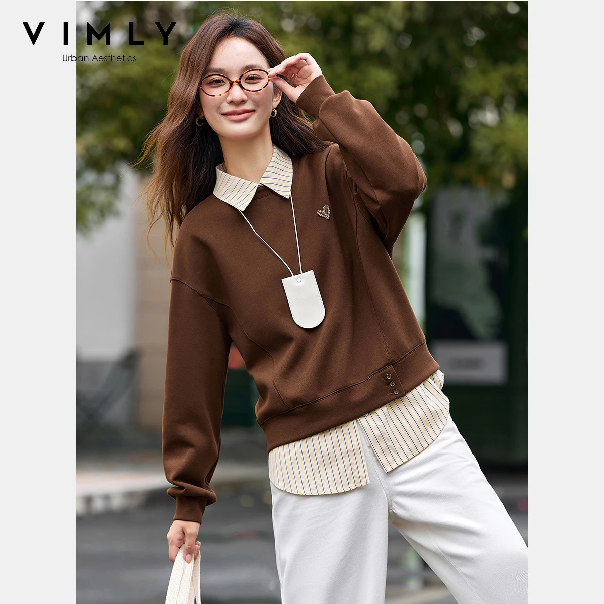 VIMLY Sweatshirts Women Fashion Solid Autumn 2025 Casual Round Collar Loose Lady Sweatshirt Long Sleeve Sporty Knitted Top A2062