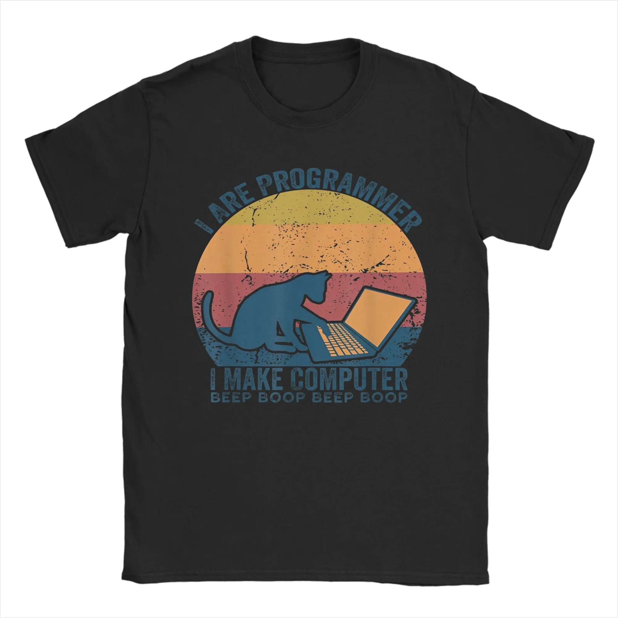 Vintage I Are Programmer I Make Computer Beep Boop Vintage Cute Cat  Tshirts Men Cotton Short Sleeve  O-neck Summer Top Tee