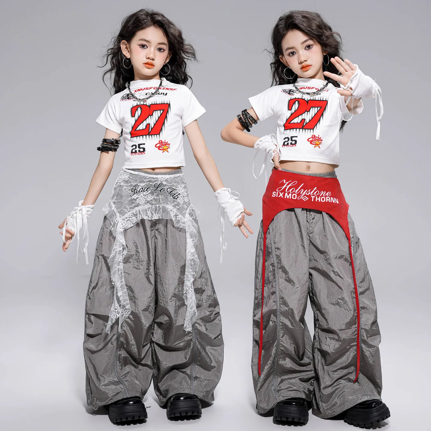 

Kid Kpop Hip Hop Clothing White Mock Neck Crop T Shirt Top Gray Casual Wide Parachute Pants for Girl Jazz Dance Costume Clothes