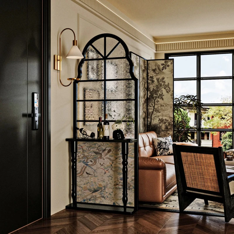French medieval begonia glass screen partition wall solid wood living room entrance solid wood porch rack flower stand screen