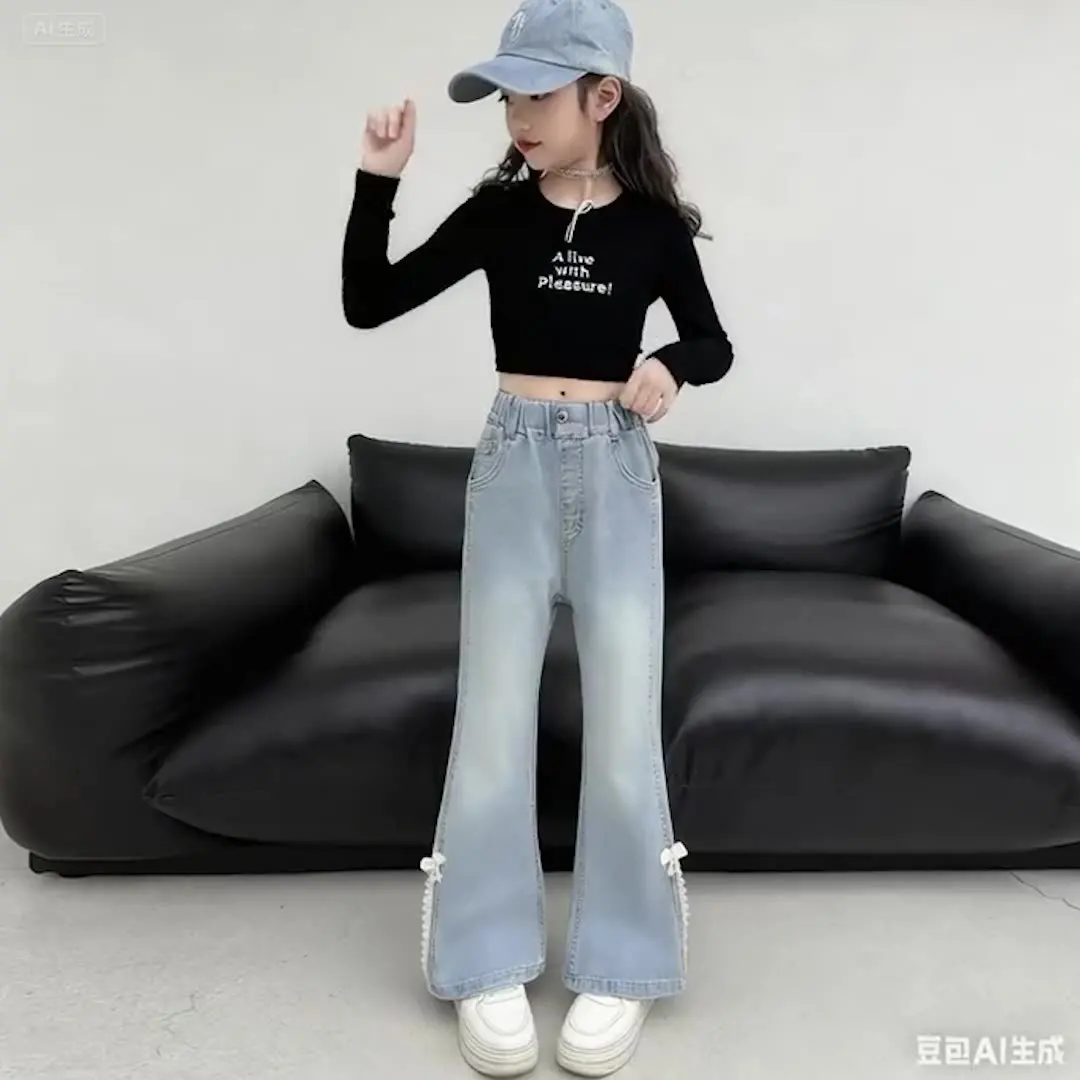 

Light Blue Denim Flared Pants Pretty Girly Girls Jeans, Flared Leg with Side Lace Trim and Decorative Bow Youth Long Pants