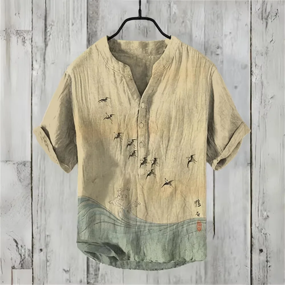 Summer men's short-sleeved POLO shirt linen printed shirt European and American popular elements original octopus printed shirt