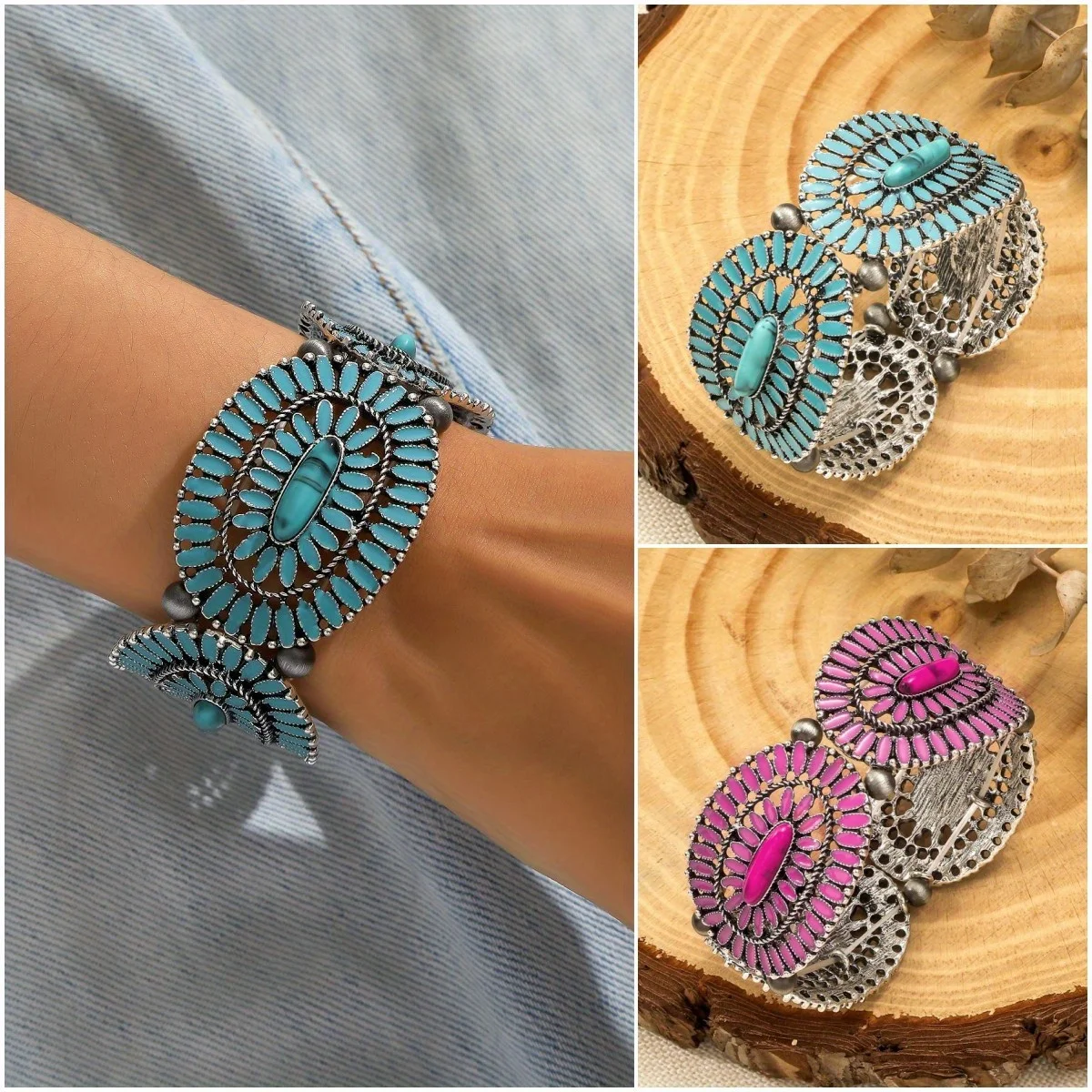 

Fashionable Retro Geometric Carving Bohemian Ethnic Style Turquoise Elastic Bracelet for Women