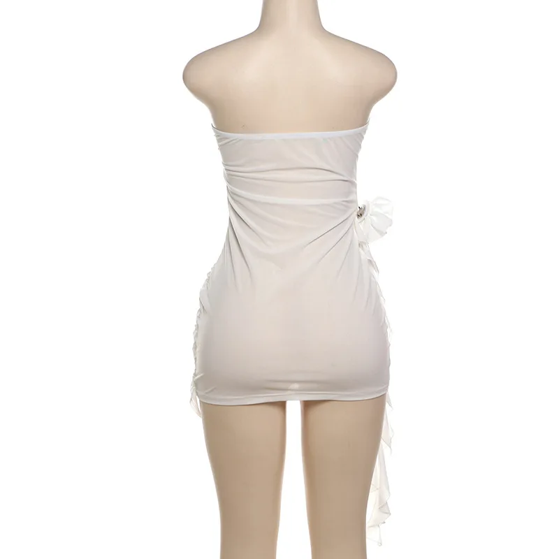 Vestido feminino sem alças, vestido de baile plissado, vestido de festa sem costas, cintura alta sem mangas, fita floral 3D, atadura, branco e preto