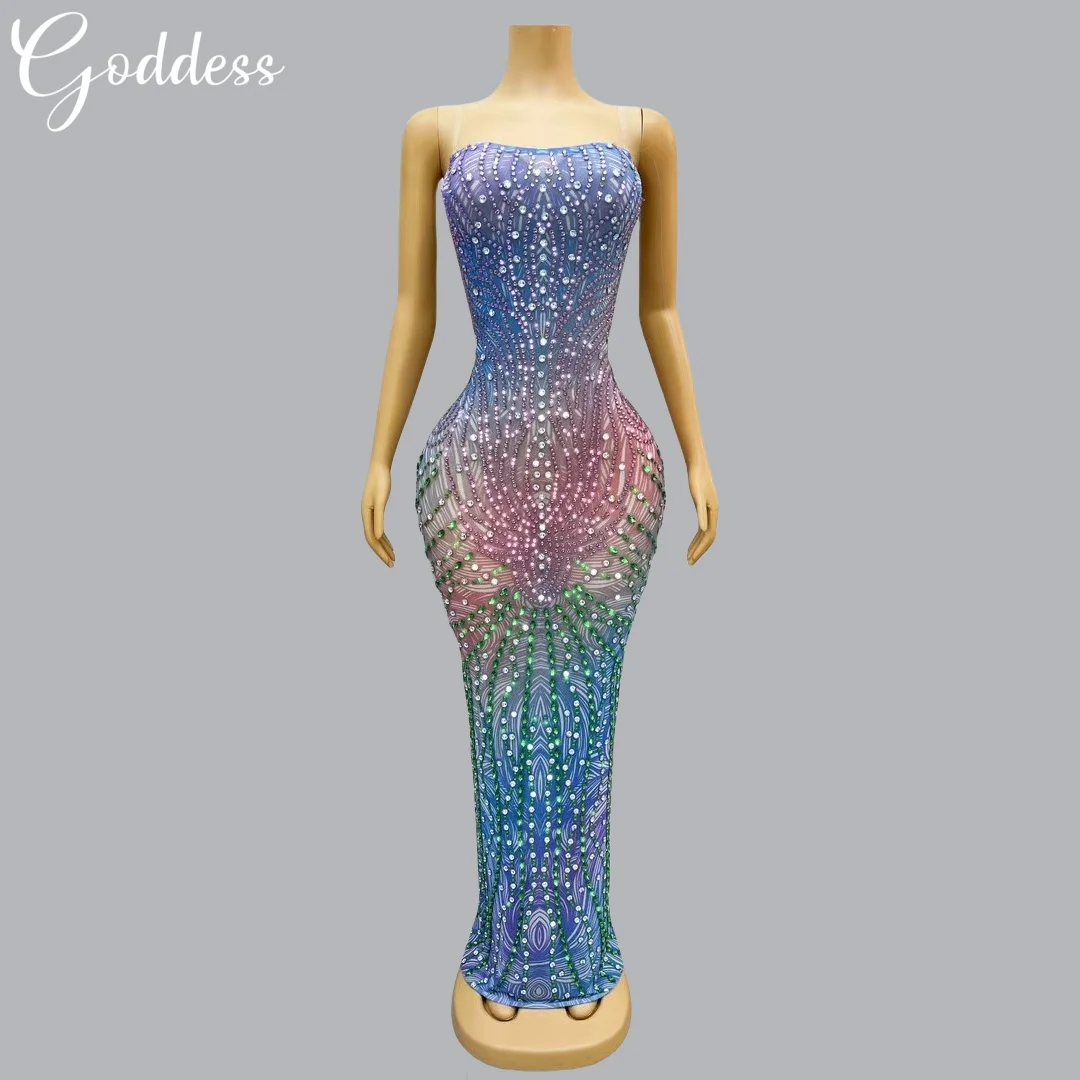 

High-end Sparkling Crystal Strapless Colorful Dress Wedding Birthday Party Evening Dress Bar Nightclub Stage Performance Costume