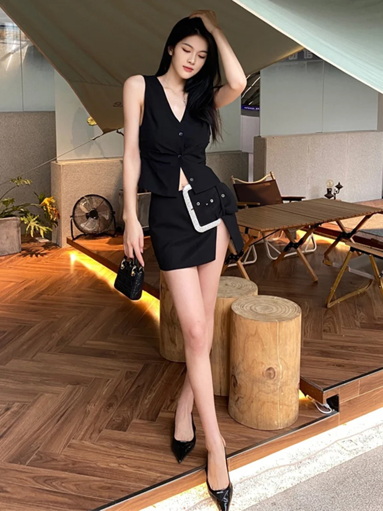 Summer Clothing Style New High Waist Irregular Hem Solid Black Patchwork Diamond Mini Skirt For Women