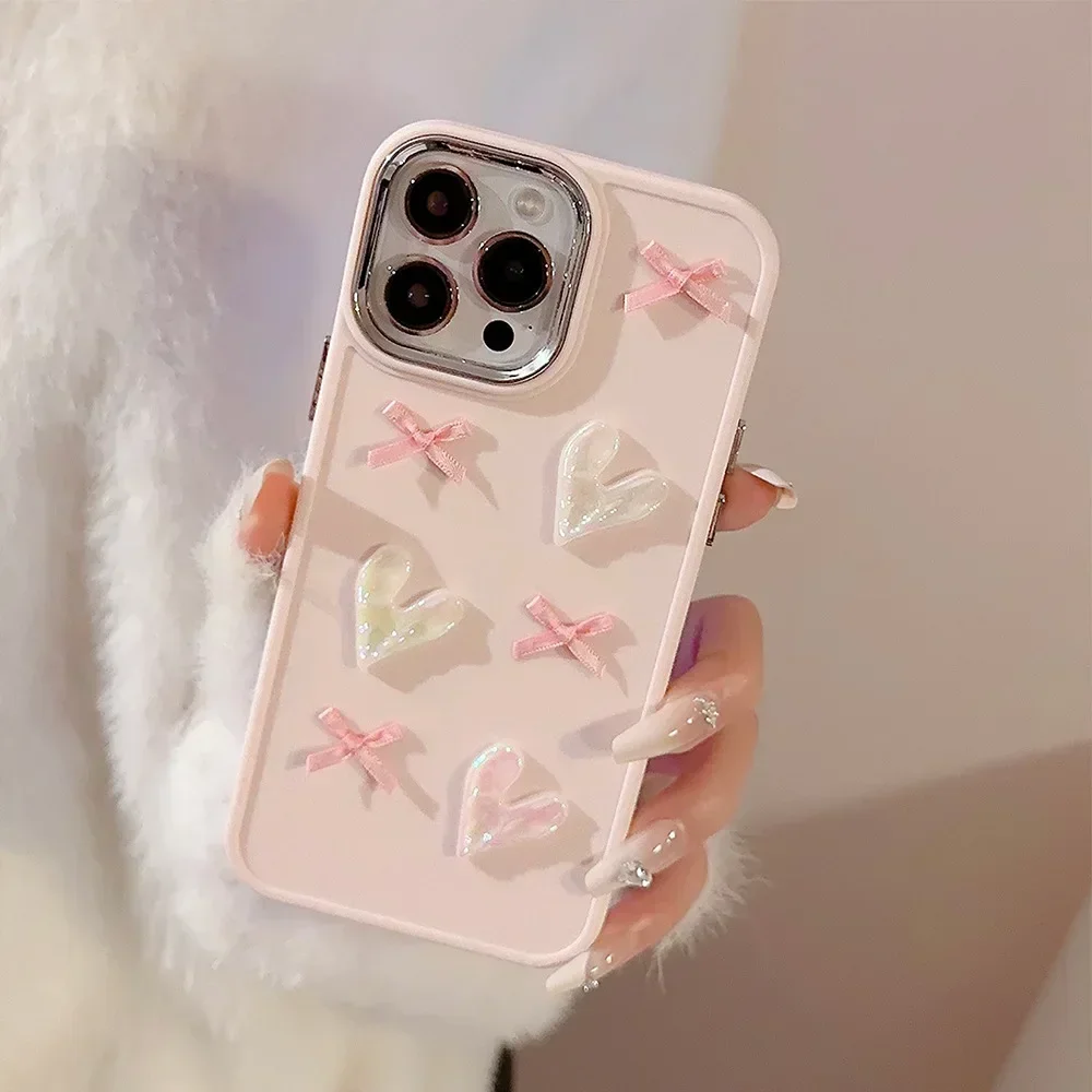 3D Pink Love Heart Bow Phone Case for IPhone16 15 14 12 13 11 Pro ProMax Mini Plus X XR Shockproof Phone Cover