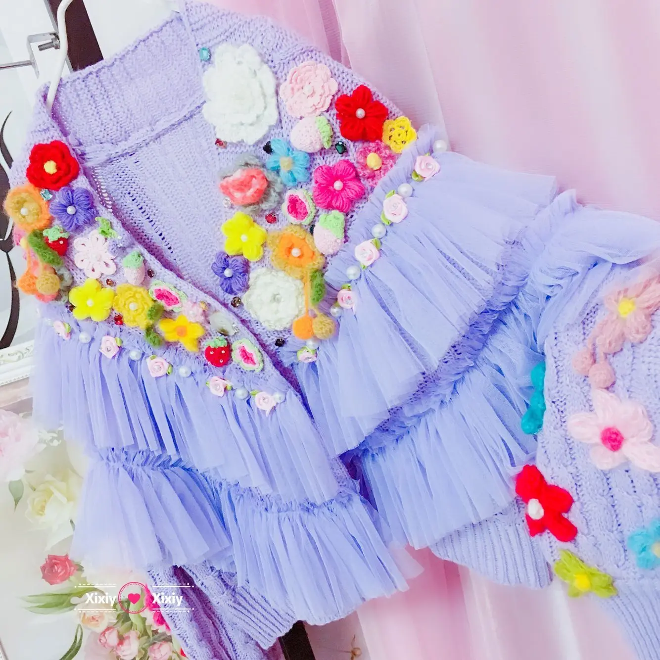 

Chic Spring Autumn Mesh Stitching 3D Flowers Knitted Cardigan Gauze Spliced Ruffles Pearls Beaded Sweater Coat Fairy Purple Tops