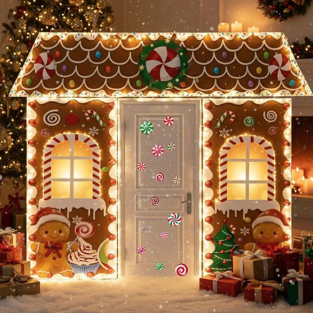 Christmas Decorations Gingerbread Man Scene Gingerbread Man House Backdrops Long LED String Light Candy Stickers Christmas Backdrop for Party & Wall Deco