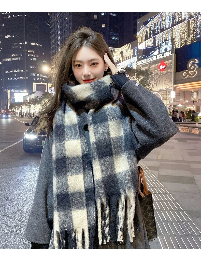 New Soft Winter Imitation Cashmere Scarf Plaid Color Blue Pink Brown  Long Tassel Scarves Mohair Thickened Wrap Shawls For Women