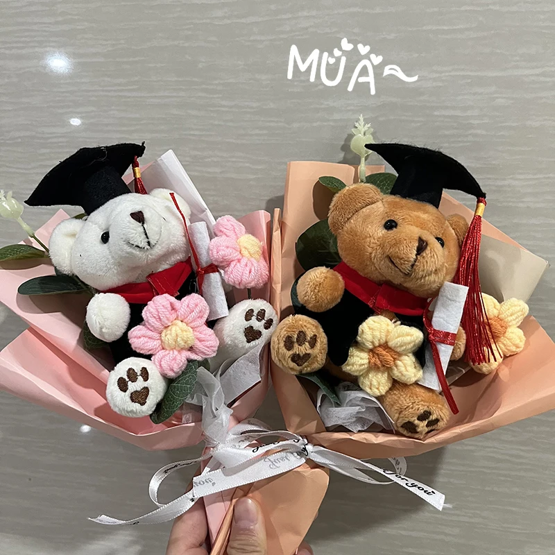 Crochet Flowers Bouquet Kawaii Bear Graduation Gifts Artificial Knitted Flower Daisy Bouquet Wedding Guests Gift Party Decor