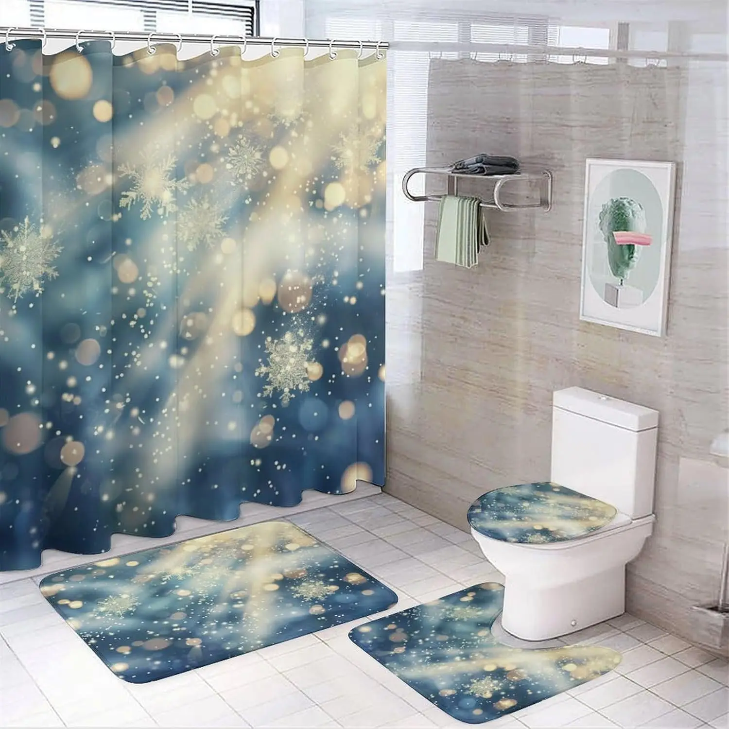 

4 шт. современный комплект занавесок для душа со снежинками, U-образным ковриком и нескользящими ковриками, зимним душем Fantasy Star Snow
