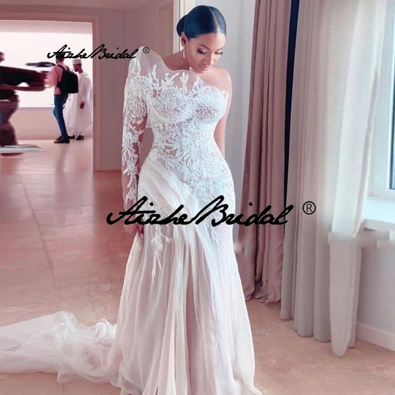 Plus Size Elegant Illusion O Neck Beach Wedding Dress Appliques Full Sleeves Side Split Bridal Dresses