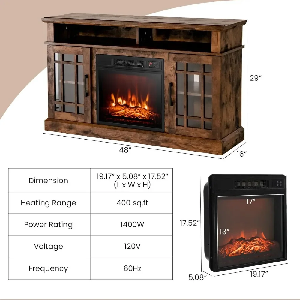 Electric Fireplace TV Stand, Suitable for TVs Under 55 Inches, 18 Inch Fireplace Insert with Remote Control, Overheat Protection